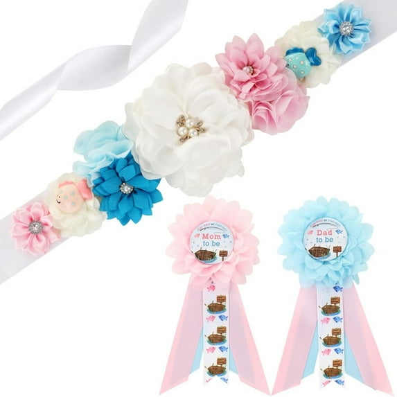 Pink Blue Gone Fishing Gender Reveal Maternity Sash Kit - Fishing Theme Baby Shower Belly Belt and Mom to Be & Dad to Be Corsage Pins, Pregnancy New Parents Photo Props Party Supplies
