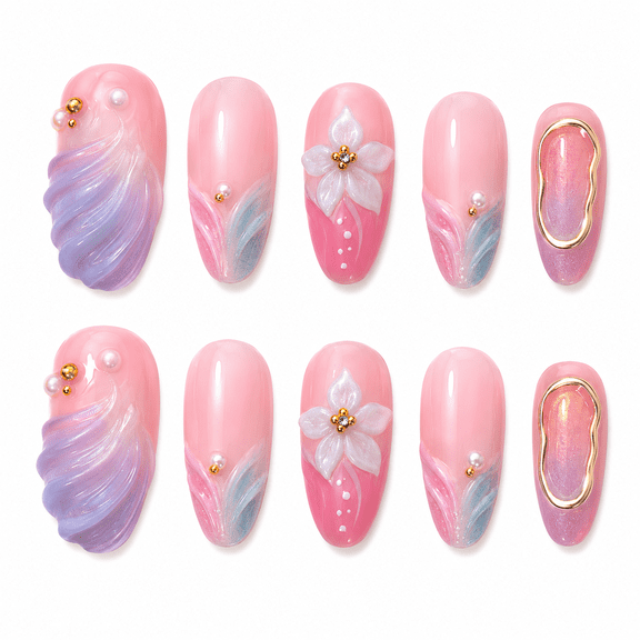 Pink Blue Gradient French Tip Press on Nails, Medium Almond Glossy Floral Fake Nails, 30 Count