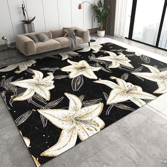 Pink Blue Gradient Lily Flower Area Rug, Golden Abstract Lines Light Luxury Print Rugs, Machine Washable Breathable Durable Carpet For Room Sofa Living Room Mat Bedroom Home Decor 5x8ft