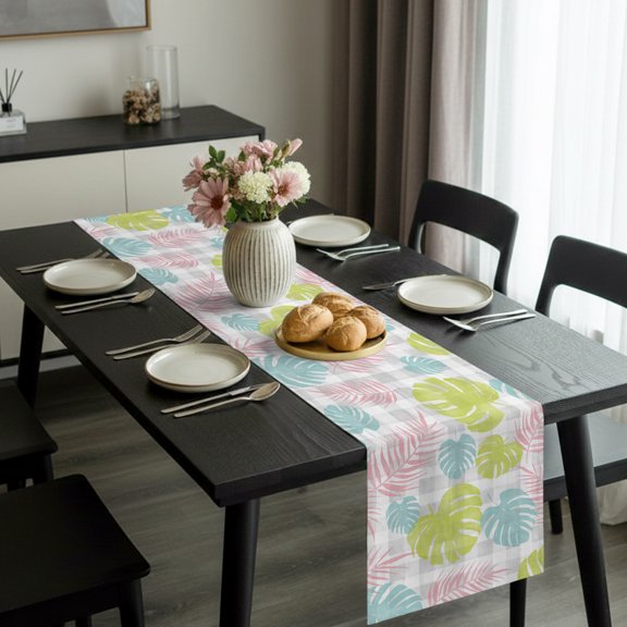 Pink Blue Green Monstera Leaves Table Runner 36 Inches Long,Kitchen Dining Tablerunners Gray White Background Linen Table Runners Dresser Scarves for Home Dinner Wedding Holiday Party Decor
