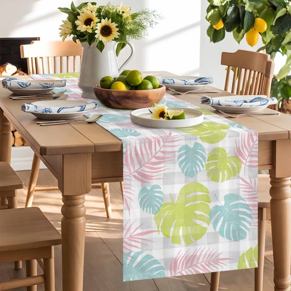 Pink Blue Green Monstera Leaves Table Runner 72 Inch Long Gray White Background Table Runners Linen Burlap Tablerunner for Kitchen Dining Room Holiday Party