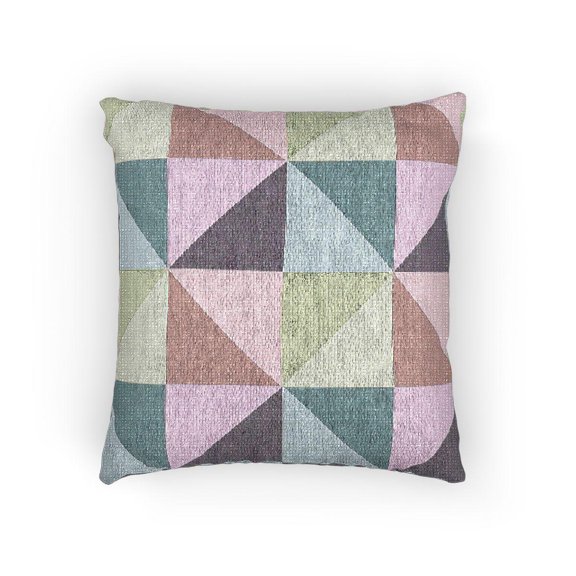Pink, Blue, Green and Purple Geometric Triangle Grid Woven Pillow, Cotton-Polyester Shell, Colorblock Style