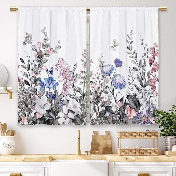 Pink Blue Grey Wildflower Kitchen Curtains Spring Flower Floral Small Short Cafe Window Curtains Botanical Spring Plant Bathroom Window Drapes Treatment Tier Curtains 2 Panels (27.5x39 Inch)