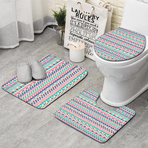 Pink and Blue Heart Shaped Boho Pattern Bathroom Rugs Sets 3 Piece,Toilet Cover Set,Absorbent Non Slip Bathroom Mats Sets with U-Shaped Contour Rug Toilet Rug Set