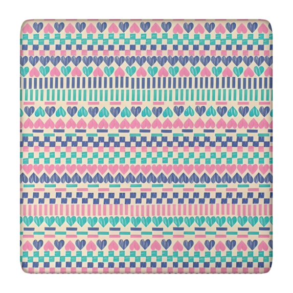 Pink and Blue Heart Shaped Boho Pattern Square Fitted Tablecloth with Elastic Edge,Square Table Cover,Washable Elastic Table Cover for Home Kitchen Party Decor 36"x36"
