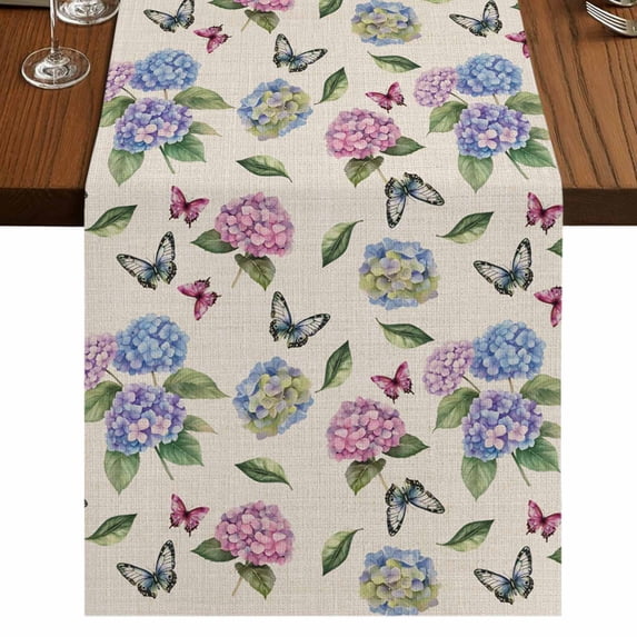 Pink Blue Hydrangea 36 Inch Table Runner, Spring Summer Botanical Flowers Farmhouse Dresser Scarf Cotton & Linen Tablerunner for Dining/Kitchen Island/Holiday Party Décor Small 13" x 36"