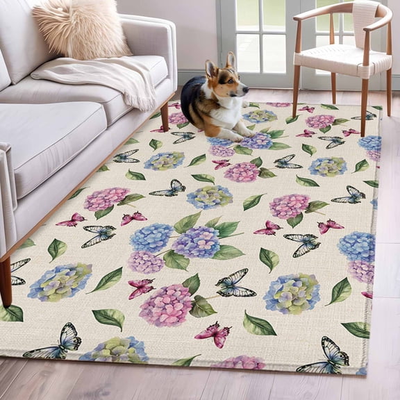 Pink Blue Hydrangea Area Rug 3x5 Washable Rug Non Slip Spring Summer Botanical Flowers Large Area Rug Indoor Floor Carpet for Entryway Bedroom Kitchen Living Room Home Office Dining Room Nursery