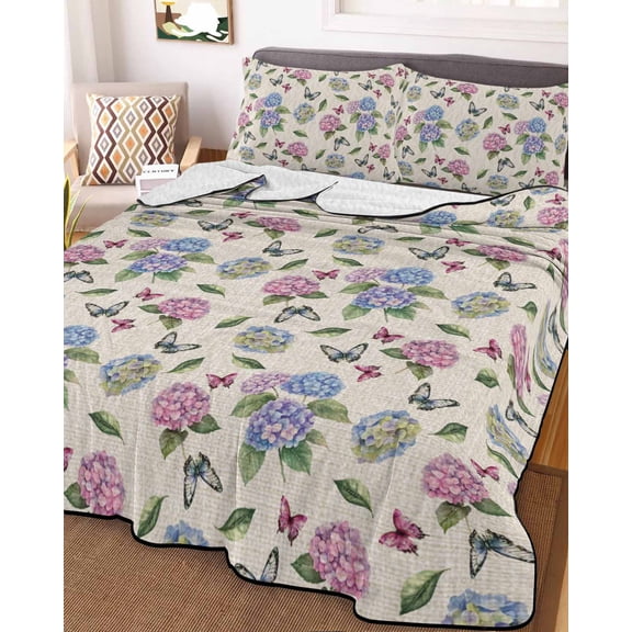 Pink Blue Hydrangea King Size Down Alternative Comforter, Lightweight Comforter Quilt Bedding Set with Pillow Shams Spring Summer Botanical Flowers All Seasons Bed Comforter Duvet Insert 96"x106"