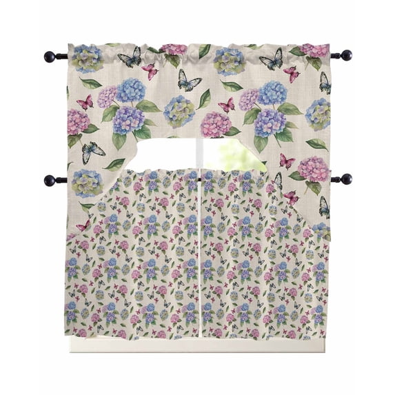 Pink Blue Hydrangea Kitchen Curtains Sets 36 Inch Length with Valance, Spring Summer Botanical Flowers Swag Valances and Tiers Curtain Set Drapes Swag Curtains for Living Room, Bathroom, Bedroom