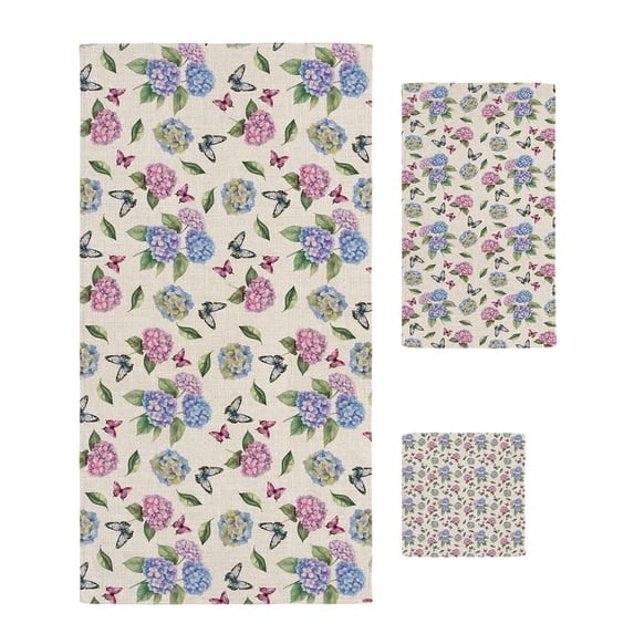 Pink Blue Hydrangea Towel Set of 3, Soft Microfiber Bath Towels, Hand Towel, Washcloths, Spring Summer Botanical Flowers Quick-Dry Absorbent Towels for Bathroom Kitchen Hotel Beach Gym Spa