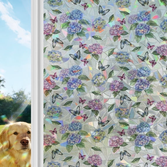 Pink Blue Hydrangea Window Privacy Film Stain Glass,Reusable Decorative Rainbow Window Film,Spring Summer Botanical Flowers Static Cling Sun Blocking Stickers Decals Covers 17.7" x 39.3" (2pcs)