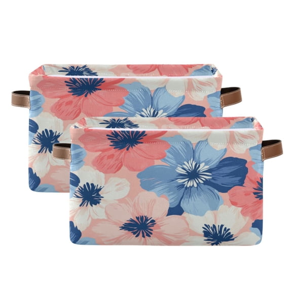Pink and Blue Large Flowers Foldable Storage Basket,Canvas Fabric Foldable Storage Bins with Handles Open Home Storage Bins Boxes for Toy Book Shelf Closet Baskets