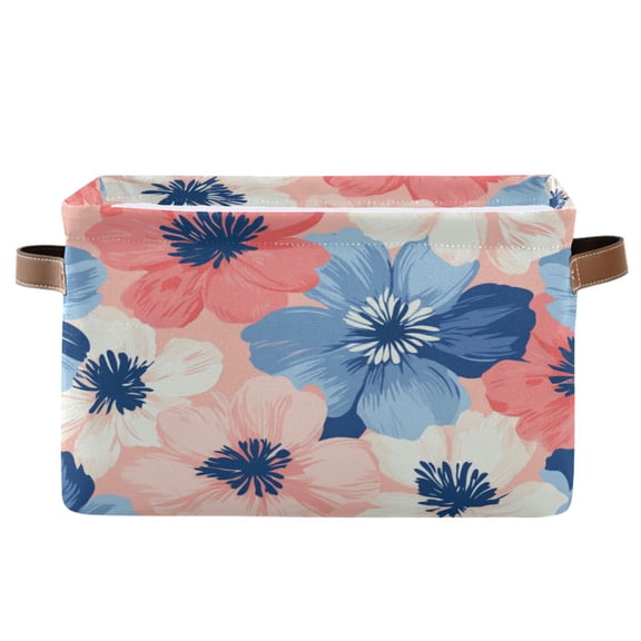 Pink and Blue Large Flowers Foldable Storage Basket,Canvas Fabric Foldable Storage Bins with Handles Open Home Storage Bins Boxes for Toy Book Shelf Closet Baskets