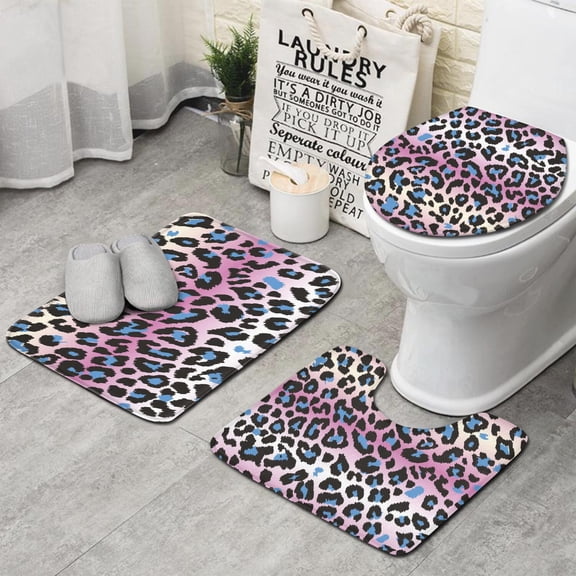 Pink and Blue Of Leopard Print Bathroom Rugs Sets 3 Piece,Toilet Cover Set,Absorbent Non Slip Bathroom Mats Sets with U-Shaped Contour Rug Toilet Rug Set