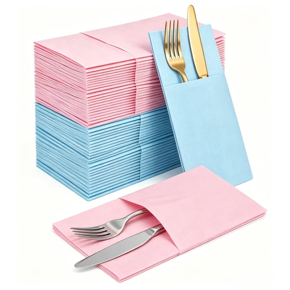 Pink & Blue Linen-Feel Disposable Napkins with Built-In Cutlery Pocket, Gender Reveal Pre-Folded Utensil Holders, Cloth-Like Silverware Bags for Valentine's Day, Wedding, Dinner Parties, 48 Count