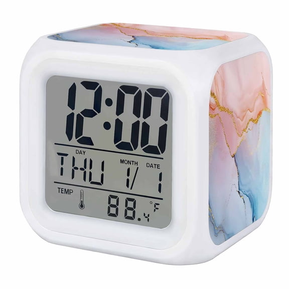 Pink Blue Marble Digital Alarm Clock for Bedrooms, Smart LED Alarm Clock with 7 Color Changing Night Light, Modern Ink Painting Abstract Silent Wake Up Clocks for Sleep Study Cooking 3.2"x3.2"
