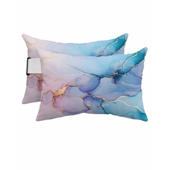Pink Blue Marble Outdoor Head Resting Pillows with Insert Fluid Art Abstract 2 Pack Waterproof Lumbar Pillows with Adjustable Elastic Strap for Patio Recliner Chaise Beach Chair, 12"x20"
