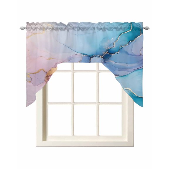 Pink Blue Marble Swag Valance and Tier Curtains Set Fluid Art Abstract Gold Foil Modern Kitchen Curtains 3 Piece Set Rod Pocket Panels for Bedroom Cafe 56x36 inch