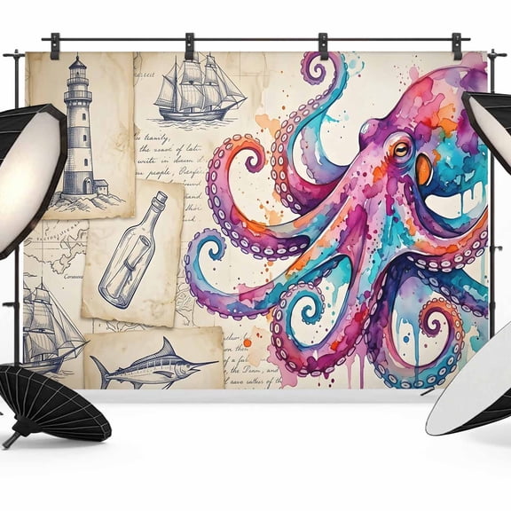 Pink Blue Octopus Photography Backdrop 7x5FT, Watercolor Octopus Newspaper Texture Photo Backdrops, Background for Photography Studio Photo Studio Background, Back Drop for Photoshoot