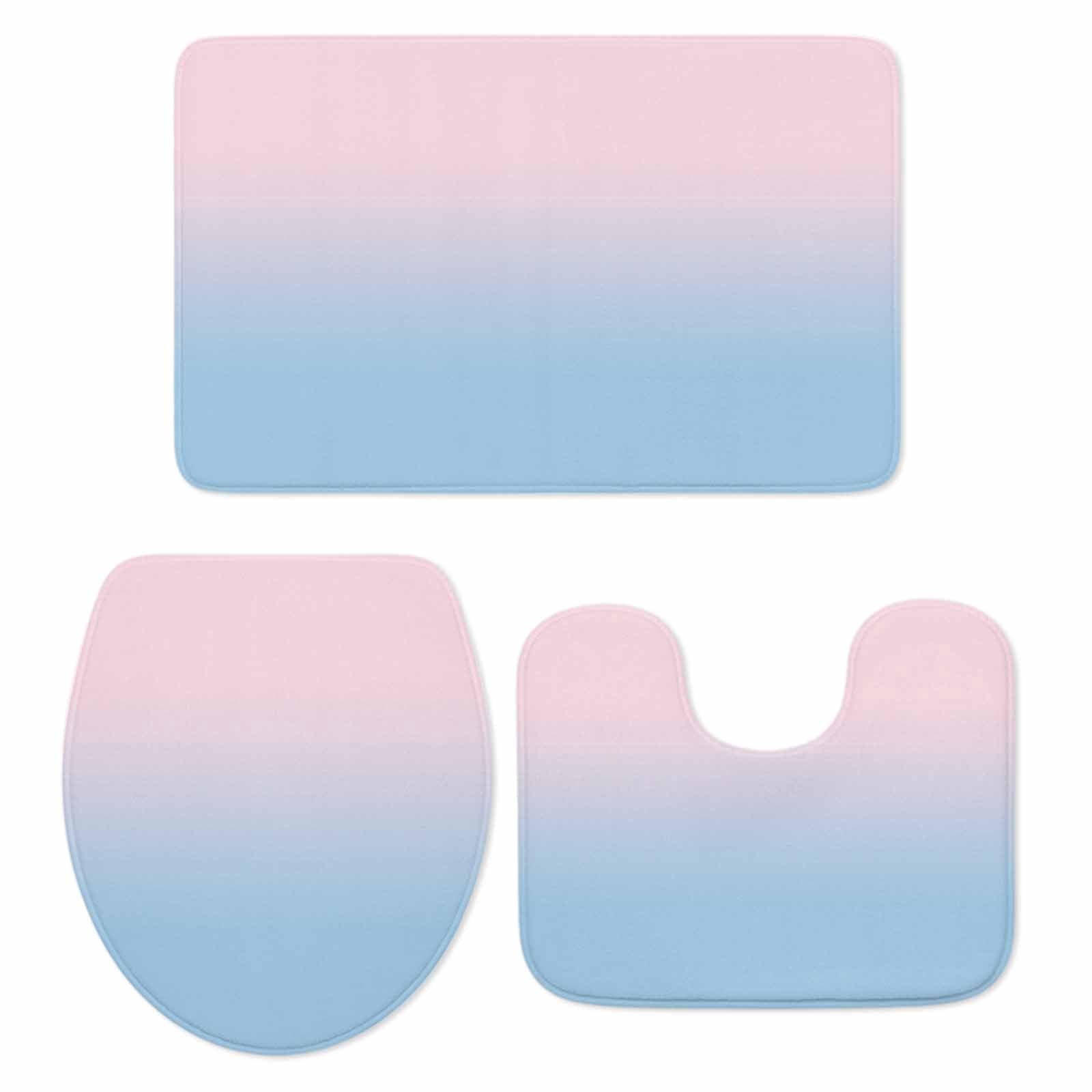 Pink Blue Ombre Bath Mat 3 Piece Bathroom Rug Set, Pink Gradient Color Modern Abstract Art Non Slip Bath Rug Contour Mat and Toilet Lid Cover, Absorbent Shower Mats Soft Bath Rugs and Mats Sets