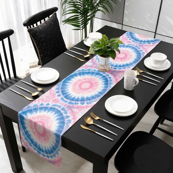 Pink Blue Ombre Cotton Linen Table Runner 13 x 70 inch Modern Boho Ethnic Tie Dye Geometric Non-slip Rectangular Dining Table Decor for Wedding Party Holiday Dinner