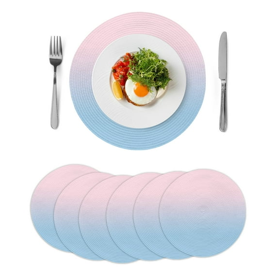 Pink Blue Ombre Round Placemats Set of 6 for Dinning Tables,Heat-proof Braided Table Mats 15 Inch,Pink Gradient Color Modern Abstract Art Washable Place Mat for Kitchen Restaurant Party Table Decor