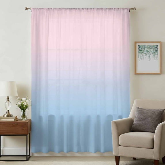 Pink Blue Ombre Sheer Curtains 45 Inches Long, Pink Gradient Color Modern Abstract Art Light Filering Curtains, Breathable Simi Curtain Privacy Drapes for Kitchen Bathroom Small Window Treatment
