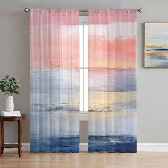 Pink Blue Ombre Sheer Curtains 84 Inch Length 2 Panels Set, Oil Painting Modern Abstract Voile Window Treatment Rod Pocket Curtains Sheers Drapes for Bedroom/Living Room/Kitchen 52"x84"x2