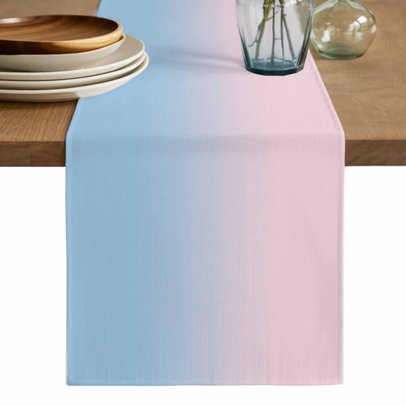 Pink Blue Ombre Table Runner, Pink Gradient Color Modern Abstract Art Washable Cotton Linen Table Runners 48 Inches Long, Dresser Scarf Runner for Nightstand/Coffee/End Tables 13''x48''