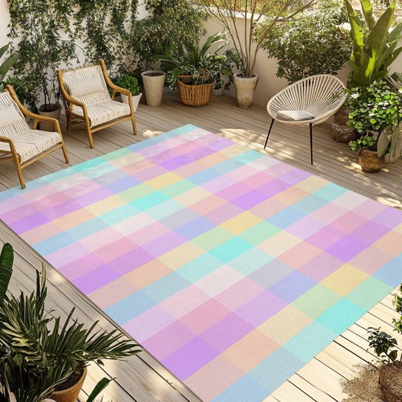 Pink Blue Outdoor Rug 4x6 Ft - Reversible Patio Rug Outdoor Camping Rugs, Buffalo Plaid Checker Modern Gingham Lattice Washable Indoor Outdoor Area Rugs, Non-Slip Outdoor Carpet Runner for Deck/Porch