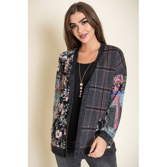 Pink Blue Patchwork Sleeve Mix Fabric Cardigan