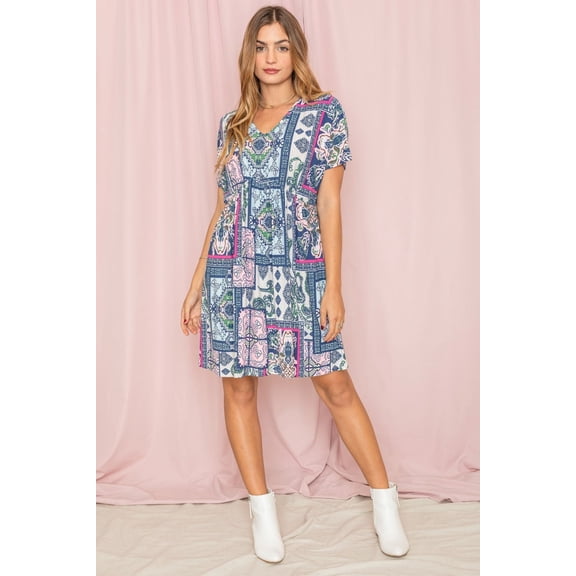 Pink Blue Patchwork V-Neck Dolman Sleeve Mini Dress