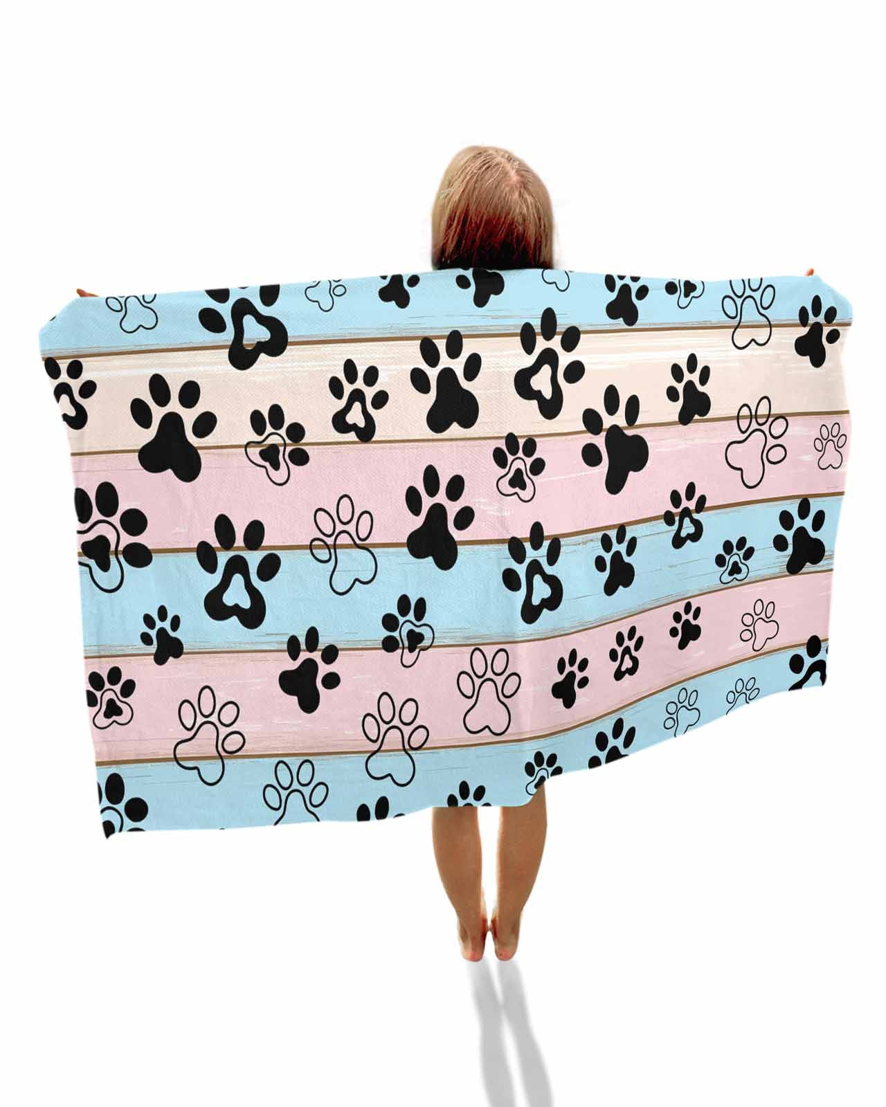 Pink Blue Paw Print Beach Towels Oversized Super Absorbent, Vintage Farmhouse Rustic Wooden Grain Lightweight Bath Towel Quick Dry Sets For Bathroom/Pool/Rv Camping/Beach Play/Gym Room/Picnic 35"x70"