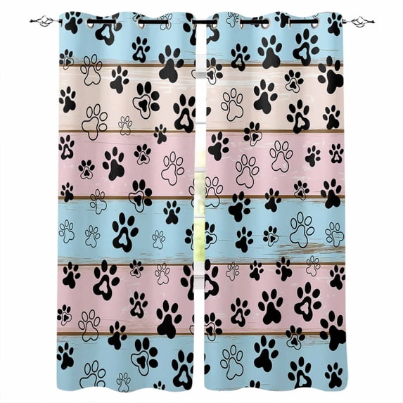 Pink Blue Paw Print Blackout Curtains for Bedroom/Living Room, Thermal Insulated Kitchen Curtains, Vintage Farmhouse Rustic Wooden Grain Grommet Darkening Window Treatment Drapes 52"x84"x2