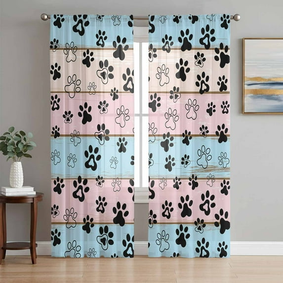 Pink Blue Paw Print Sheer Curtains 72 Inch Length 2 Panels Set, Vintage Farmhouse Rustic Wooden Grain Voile Window Treatment Curtains Sheers Drapes for Bedroom/Living Room/Kitchen 52"x72"x2