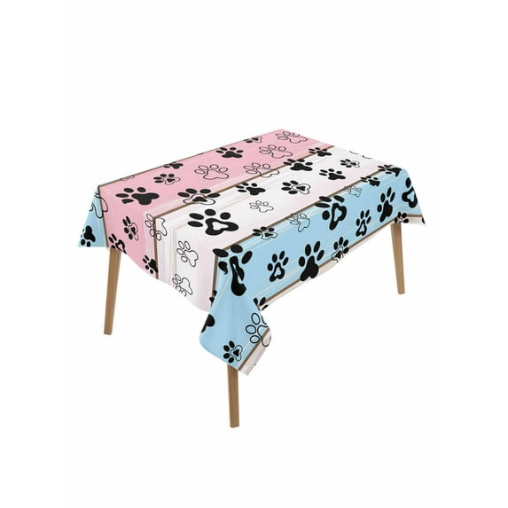 Pink Blue Paw Print Table Cloth, Vintage Farmhouse Wooden Grain Waterproof Tablecloth for Rectangle Tables, Reusable Washable Fabric Table Cover for Restaurant Kitchen Dining Tables 60"x102"