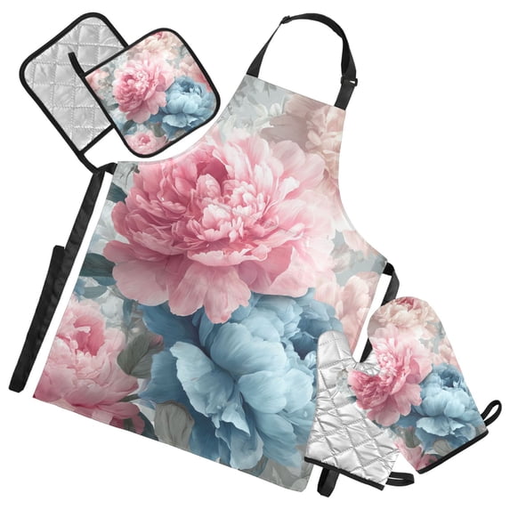 Pink Blue Peony Flowers Elegant Apron Set with Oven Mitts Pot Holders Set of 5 Kitchen Stuff Accessories