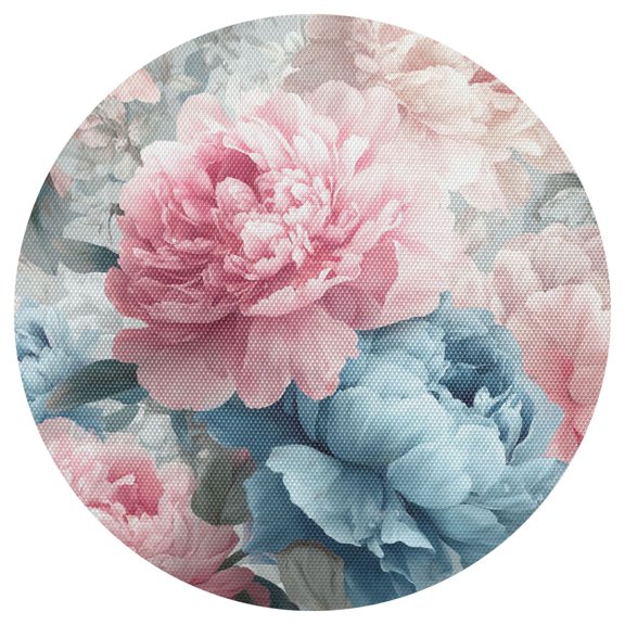 Pink Blue Peony Flowers Elegant PVC Round Grid Placemat Table Mat 1 Pc 15.4" x 15.4"
