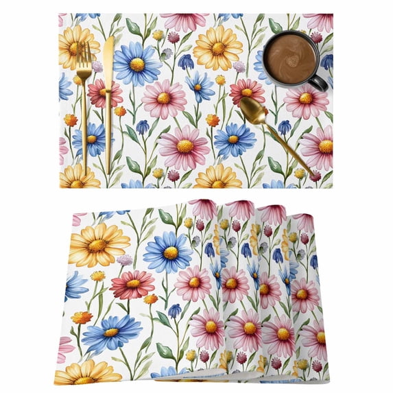Pink Blue Placemats Set of 2, Yellow Daisy Flowers Watercolor Plants Pastoral Non-Slip Place Mats Washable Table Mats for Kitchen Dining Table Decorations Indoor/Outdoor