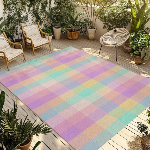 Pink Blue Plaid Outdoor Rug 4x6 Ft - Reversible Patio Rug Outdoor Camping Rugs, Buffalo Checkered Modern Gingham Lattice Indoor Outdoor Area Rugs, Non-Slip Outdoor Carpet Runner for Deck/Porch