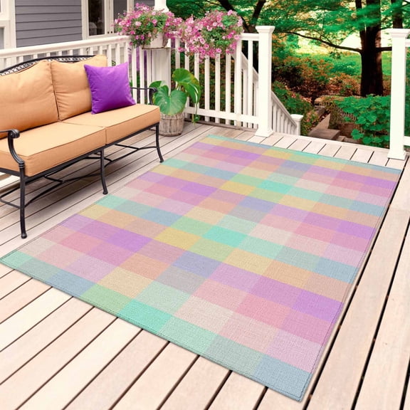 Pink Blue Plaid Outdoor Rug for Patio/Deck/Porch, Non-Slip Large Area Rug 5 x 8 Ft, Buffalo Checkered Modern Gingham Lattice Indoor Outdoor Rugs Washable Area Rugs, Camping Rug Carpet Runner
