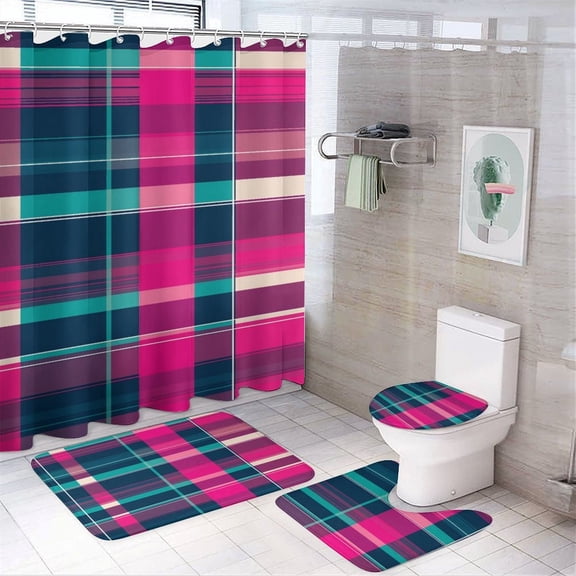 Pink Blue Plaid Pattern Fabric Design Shower Curtain And Rugs Mat Set For Bathroom Bath Curtains Decoration Accessories Bathtub Screen 4 Pcs