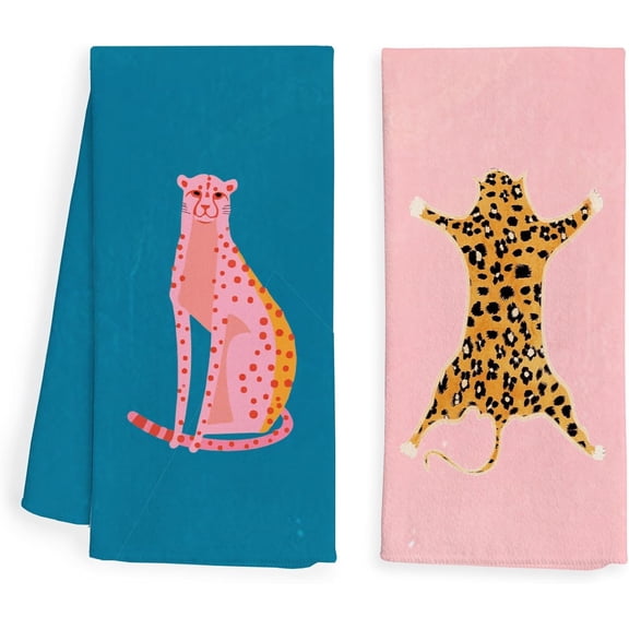 Pink and Blue Preppy Leopard Cheetah Kitchen Towels and Dishcloth Set of 2, Funky Trendy Dish Towels for Kitchen, Funky Hand Towels for Bathroom, Preppy Bathroom Decor, 16x24 Inches