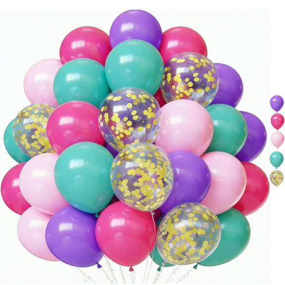 57Pcs 12Inch Pink Purple Blue Balloons, Hot Pink Teal Blue Purple Party Latex Balloons Gold Confetti Balloons for Girls Birthday Baby Shower Gender Reveal Party Decorations