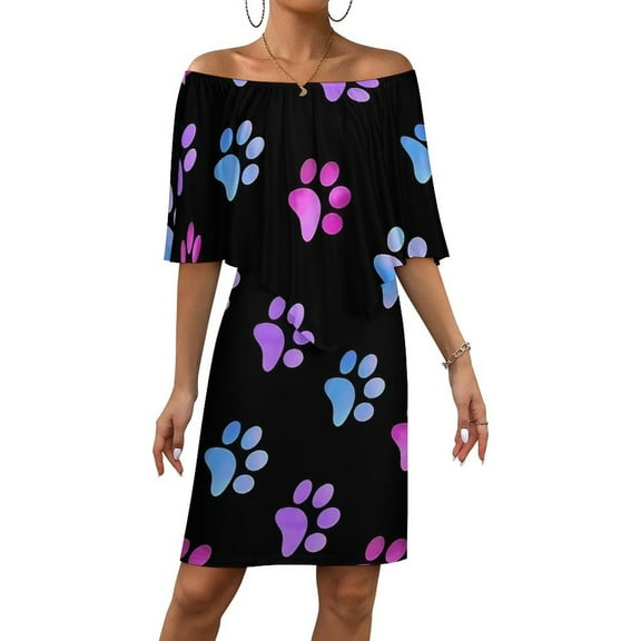 Pink Blue Purple Galaxy Paw Prints Women's Off The Shoulder Ruffles Summer Wedding Guest Loose Casual Party Beach Dress