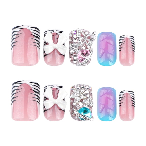 Pink Blue Purple Iridescent Zebra Stripe, Bow, Rhinestone Butterfly Star Press on Nails, Medium Square Glossy Glitter False Nails, 24 Count