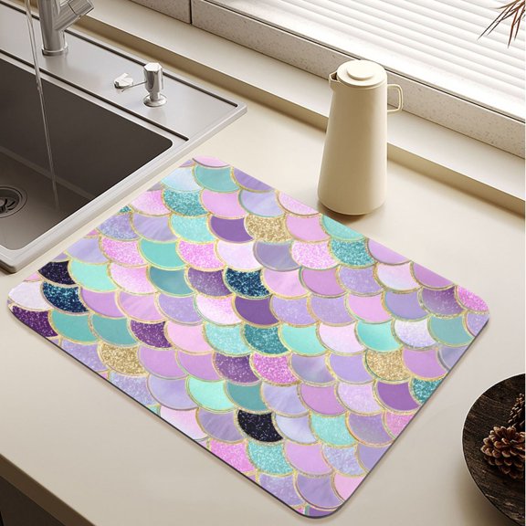 Pink Blue Purple Mermaid Scales Diatomite Dish Drying Mat Drain Pad for Kitchen Sink Countertop 15.7" x 11.8"