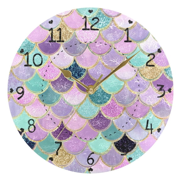 Pink Blue Purple Mermaid Scales Round Wall Clock Silent Analog Battery Operated Gold Pointer Home Decor 9.84" Diameter