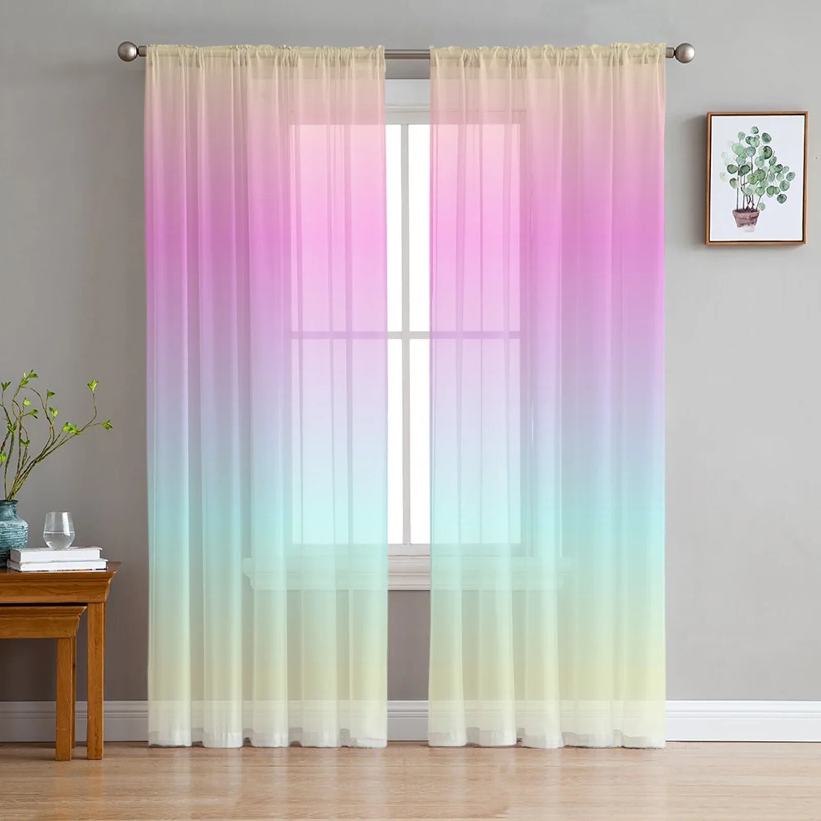Pink Blue Purple Yellow Gradient Sheer Curtains For Living Room Bedroom