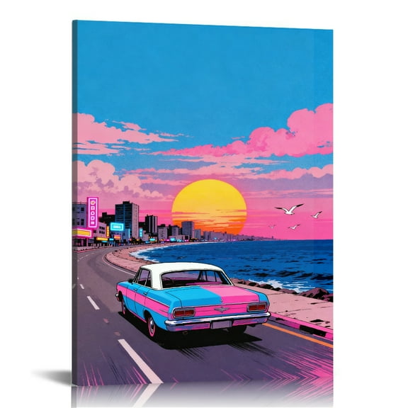 Pink & Blue Retro American Sunset Coastal Highway Car Printed Canvas Wall Art with Hidden Wooden Frame - Decor for Living Room, Bedroom & Foyer